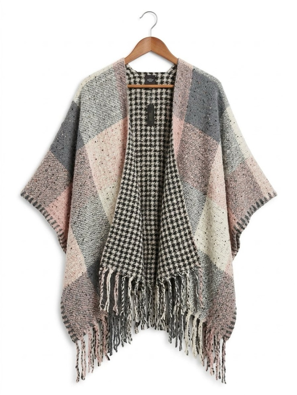 Reversible Colorblock Houndstooth Fringe Knit Poncho NWT OS